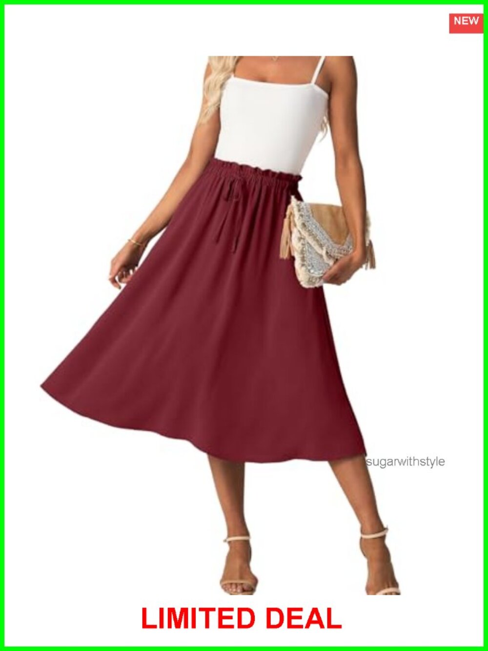 High Waist A-Line Midi Skirt with Pockets Flowy Casual Summer Below Knee